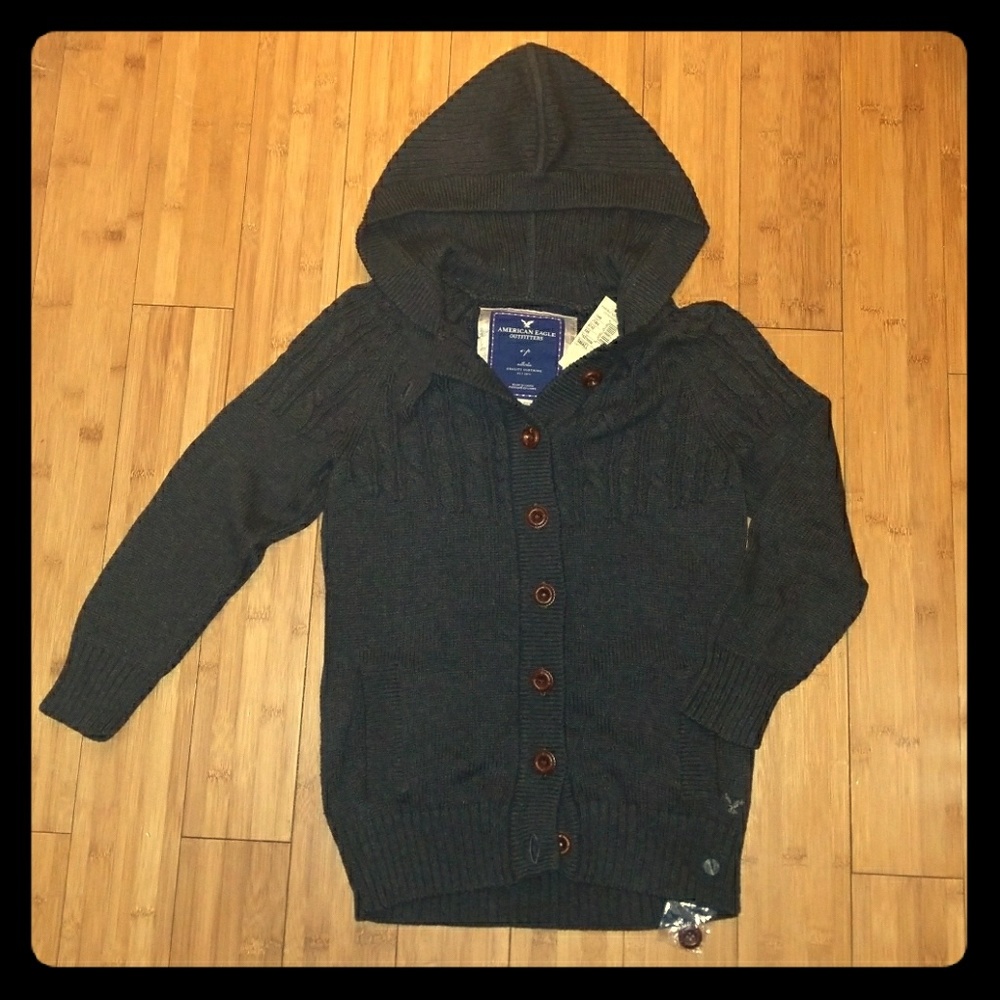 Slate grey hoodie sweater with cherry wood buttons